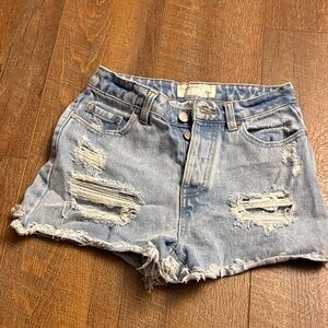 Trendy Light Blue Distressed Jean Shorts